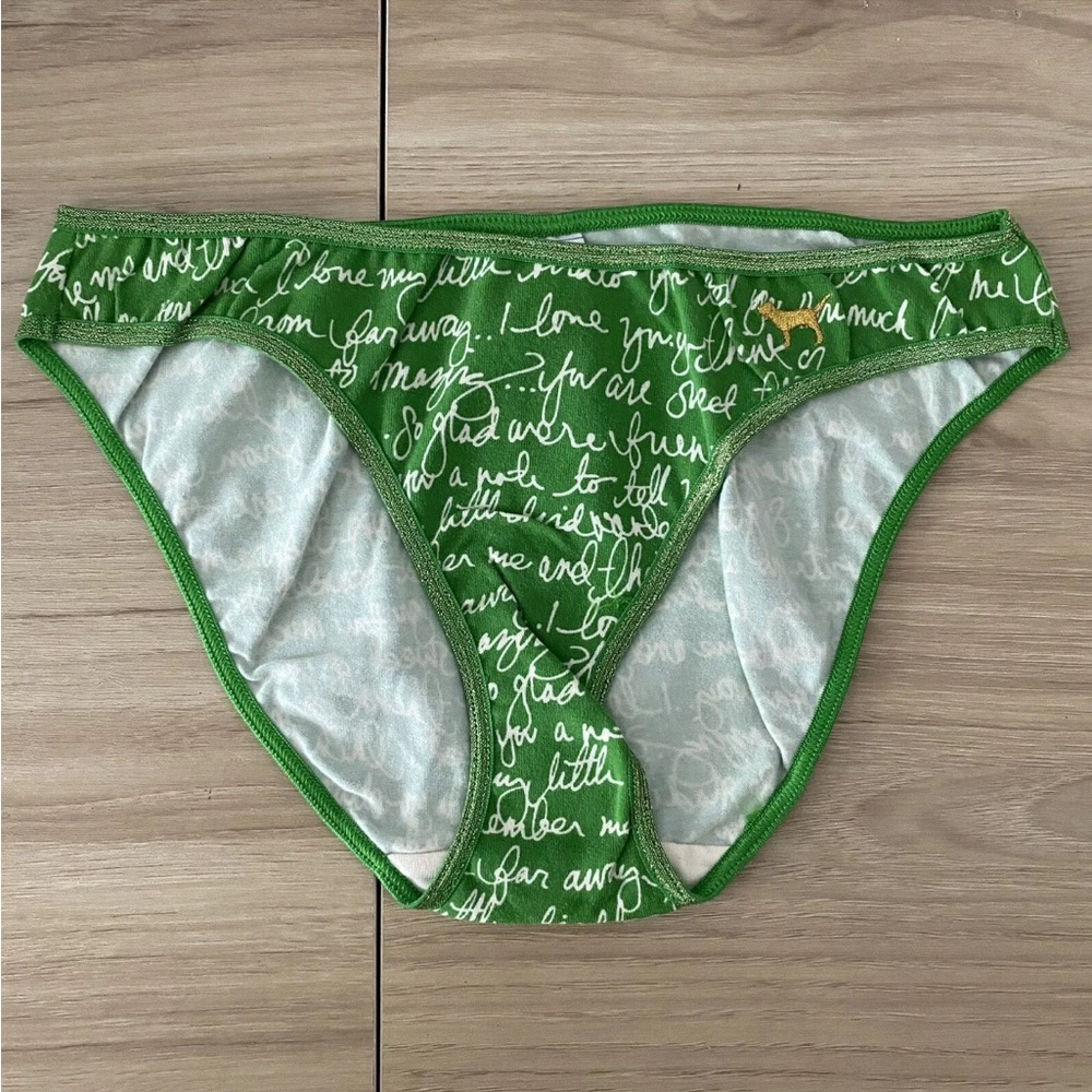 NWT Victoria Secret PINK - Green Love Script pattern with Gold Dog  Bikini - XS